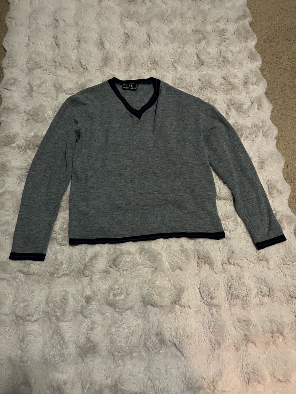 Women’s Gray V-Neck Sweater with Navy Trim, Size S.